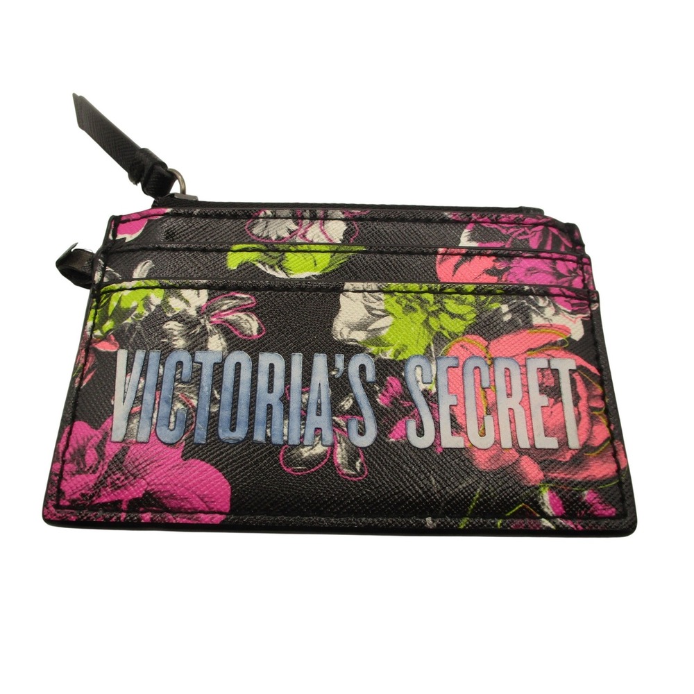 Victoria's Secret Floral Card Case Wallet Black Pink Green Zippered Card Holder